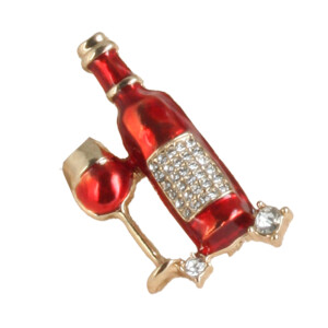 Brosche aus Edelstahl mit Weinflasche und Glas